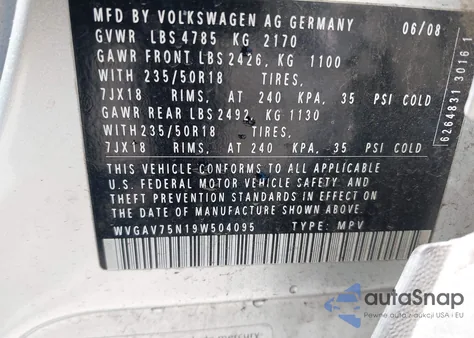 2009 Volkswagen Tiguan S/Se/Sel z USA, uszkodzony, nr VIN WVGAV75N19W504095